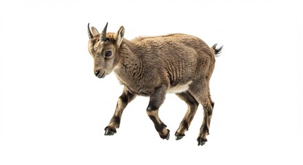 明るい白い背景に凛と立つ若い山羊の子の全身像均一な光が力強い角と柔らかな毛並みを美しく照らしその野生的な魅力が鮮やかに表現される. AI Generated