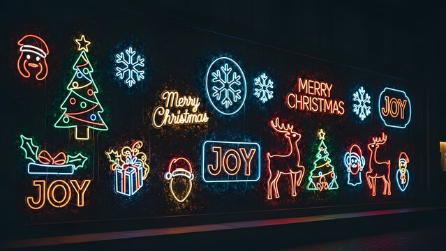 Set of glowing neon Christmas signs on a dark wall. Colorful electric lights featuring Santa, reindeer, snowflakes, and text for holiday decoration.