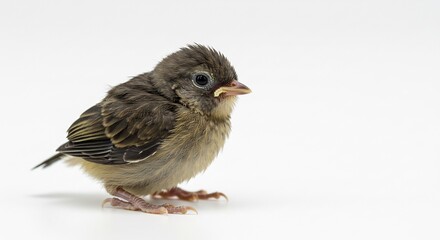 生まれたばかりの小さなひな鳥が白い背景で新しい世界を見つめる柔らかい光がそのふわふわの産毛を温かく包み込む. AI Generated