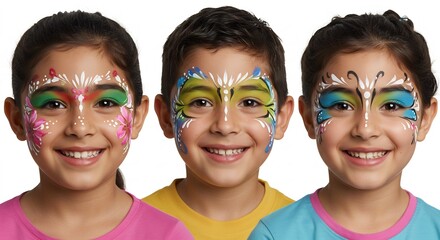 鮮やかな色彩のフェイスペイントを施された子供たちが無邪気な笑顔で輝く ポジティブなエネルギーが溢れる. AI Generated