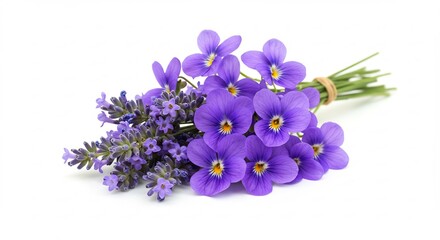 純白の背景に鮮やかに浮かび上がるラベンダーとスミレの小さな花束光を受けて紫色の花々が繊細に輝き美しい. AI Generated