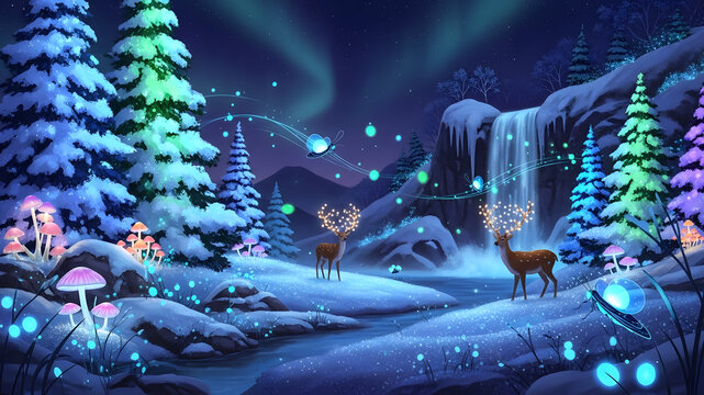 Enchanted Christmas scene featuring luminous forest, waterfall, and floating light orbs at night. - Powered by Adobe