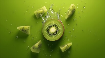 kiwi fruit in water with green background for health, food