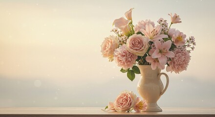 柔らかな黄金色の光を浴びた淡いピンクのバラが優雅に飾られた花瓶 心温まる美しい朝の情景. AI Generated