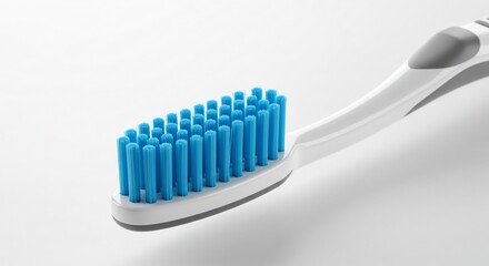 歯ブラシの青い毛先が明るく清潔な光を浴びて輝く 接写で捉えられた美しい清潔感. AI Generated
