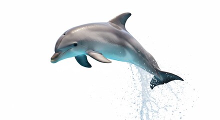 明るい光を浴びて青く輝く水しぶきを上げながら空中へ力強く飛び跳ねる優雅なイルカの姿流れるような曲線と躍動感が白い背景に鮮やかに映える瞬間. AI Generated