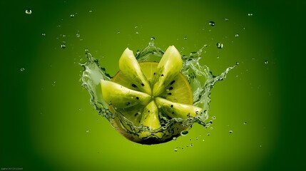 kiwi with water spray on a green background