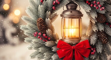 A christmas wreath with a lantern red bow and pine cones hanging up