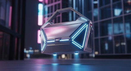 Futuristic metallic bag with neon lights floating in a city setting