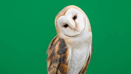 Curious barn owl tilting its head on a green screen for special effect or chroma key use. Captivating avian behavior concept.