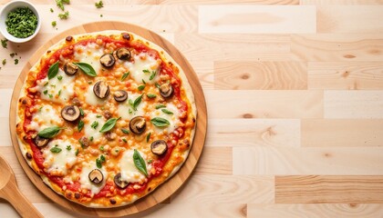 Artisan mushroom pizza with green olives, capers, red onion and parsley on wooden background with copy space for food advertising