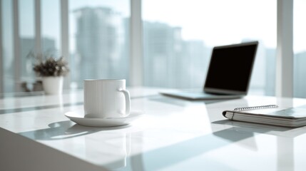 Fototapeta premium Minimalist workplace scene with coffee, laptop, and notepad against a bright backdrop