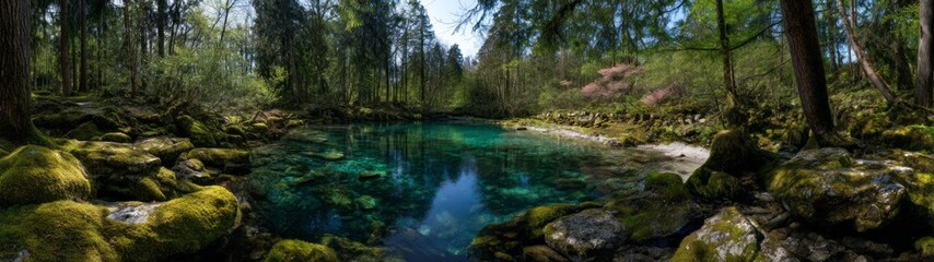 Serene nature panorama crystal clear lake hdr landscape tranquil forest wide view hdri