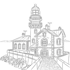 Old stone lighthouse with attached coastal keeper house