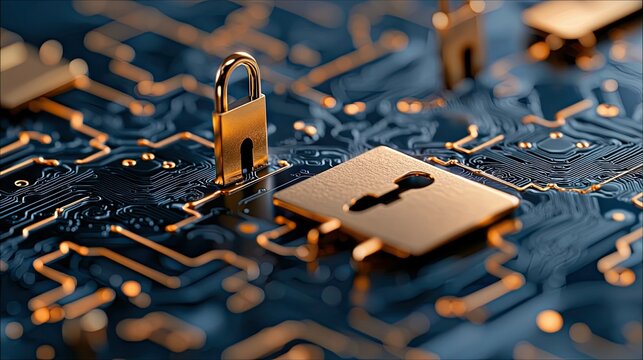 Close-up of a golden padlock resting on a circuit board, symbolizing data protection and cybersecurity.