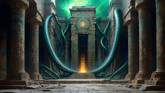 Ancient Temple Entrance with Ominous Octopus