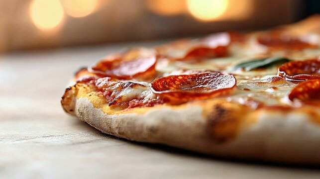 Close-up of a delicious pepperoni pizza slice on a wooden table. The pizza has melted cheese, pepperoni slices, and a crispy crust. The lighting is warm, creati - Powered by Adobe