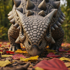 A very low-angle close-up captures the head and front section of an Ankylosaurus, a thyreophoran (armored dinosaur) from the Late Cretaceous period