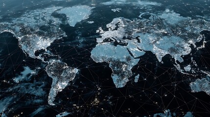 Digital World Map At Night Displaying City Lights And Network Connections Representing Global Communication And Logistics