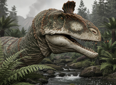 A lateral close-up captures the head and muscular neck of a Cryolophosaurus ellioti, a large theropod dinosaur from the Early Jurassic period.