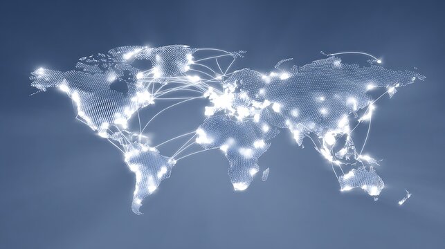 Three Dimensional Render Of Earth Map With Glowing White Network Connections On Blue Background For Telecommunication Concept - Powered by Adobe