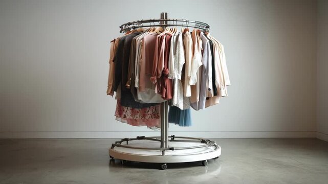 Medium shot of a circular rotating clothing rack emphasizing versatility and compact design perfect for boutique and retail environments.