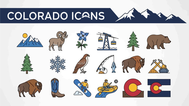 Colorado Themed Icons Featuring State Symbols and Activities