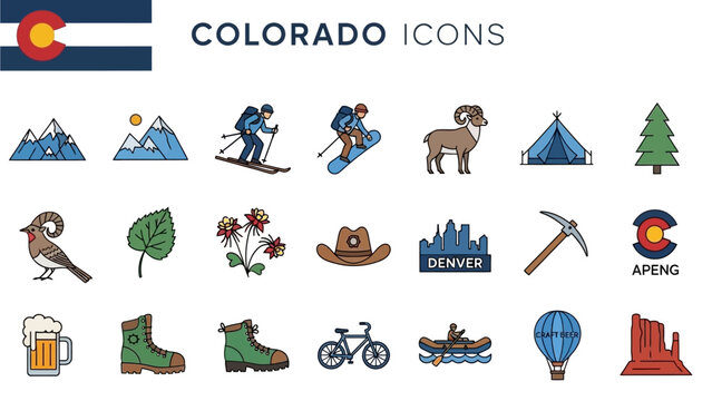 Vibrant collection of outlined vector icons showcasing scenic landscapes, outdoor recreation, unique wildlife, and cultural landmarks of a majestic mountain state