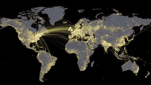 Stylized World Map With Glowing Golden Arcs Connecting Cities Representing Global Flight Routes And Data Transfer Concept