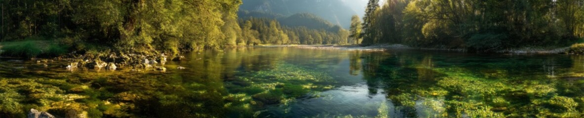 Panoramic hdr landscape of serene river in lush forest nature photography