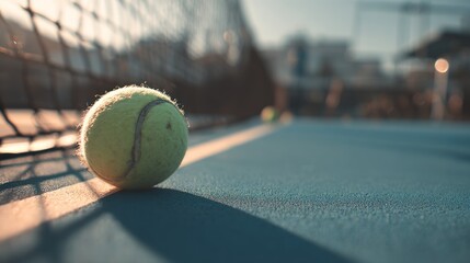 Close-up of a tennis ball resting on a blue court, backlight ambience