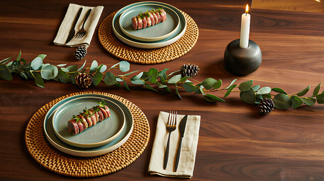 Holiday dining table with white plates, gold ribbon napkins, snowflake decor, and warm festive lighting