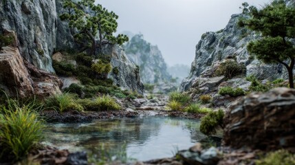 Enchanting mountain scenery featuring a calm pool amidst rugged rock formations