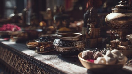 Intricate display of offerings and artifacts at a ceremonial table