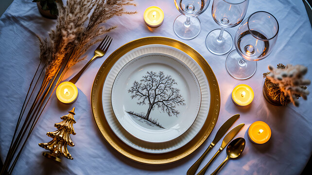 Holiday dining table with white plates, gold ribbon napkins, snowflake decor, and warm festive lighting - Powered by Adobe