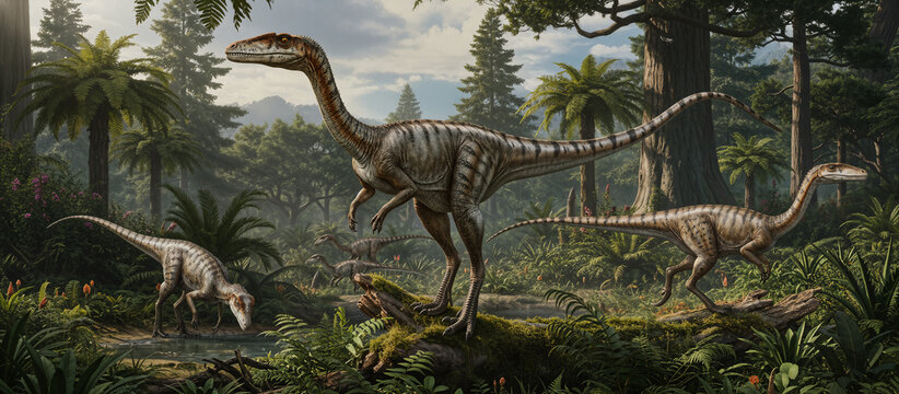 Coelophysis Hunters A pack of Coelophysis bauri in the Triassic forest the agile predator in a moment of cooperative hunting