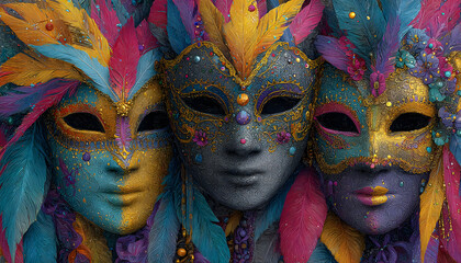 Obraz premium Colorful festive Grouping of mardi gras, venetian or carnivale mask, feathers, beads, ribbons and confetti. Party design for banner, poster, template, flyer and invitation. Generative AI