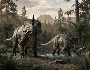 Fototapeta premium Monoclonius (Monoclonius sp.) Horned Ceratopsian Pair Late Cretaceous North American Woodlands Paleoartistic Interpretation