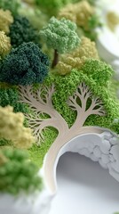 A detailed close-up of a miniature forest landscape featuring trees and lush greenery. The scene is abstract and evokes a sense of nature.