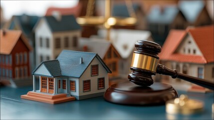 A close-up shot of a gavel resting on a wooden block with miniature houses in the background, symbolizing real estate law and property disputes.