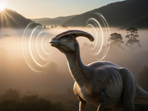 Parasaurolophus (Parasaurolophus ,walkeri) at the moment it emits a vocalization through its distinctive hollow crest