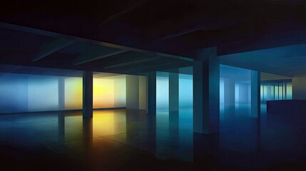 An abstract, modern interior space with pillars, glass walls, and reflections. The scene is illuminated by colored light, creating a dramatic and atmospheric mo