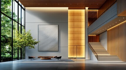 A modern interior lobby with large windows, a staircase, and warm lighting. The space features a minimalist design with natural elements.