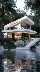 A modern, minimalist house with large glass windows and a white facade is situated on the edge of a lake, surrounded by trees.