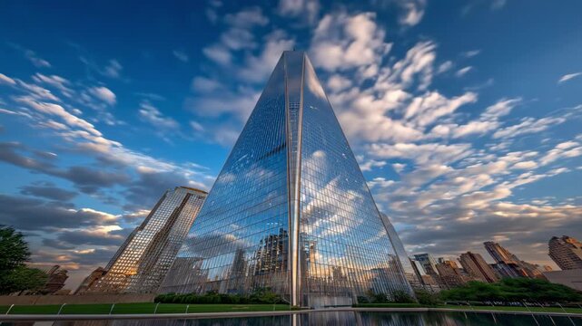 A gleaming glass skyscraper rises in a sharp, triangular form, reflecting a blue sky, Nearby skyline