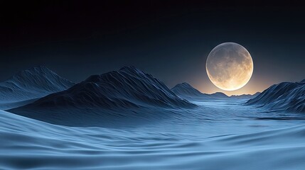 A full moon illuminates a mountainous landscape at night, creating a serene and dramatic scene.