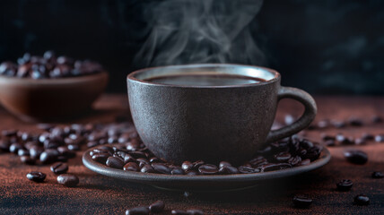 A steaming cup of freshly brewed coffee. A cup of rich, dark, and aromatic coffee rests in a ceramic mug, surrounded by scattered coffee beans