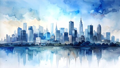 watercolor modern cityscape minimal gray and blue palette