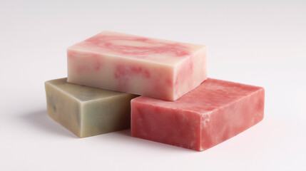 Natural Handmade Soaps. Three rectangular handmade soaps stacked on a plain white background. Generative AI