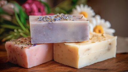 Organic handcrafted soaps with floral elements.Three rectangular bars of organic handcrafted soap are stacked on a rustic wooden surface, highlighting the natural bath and body care products